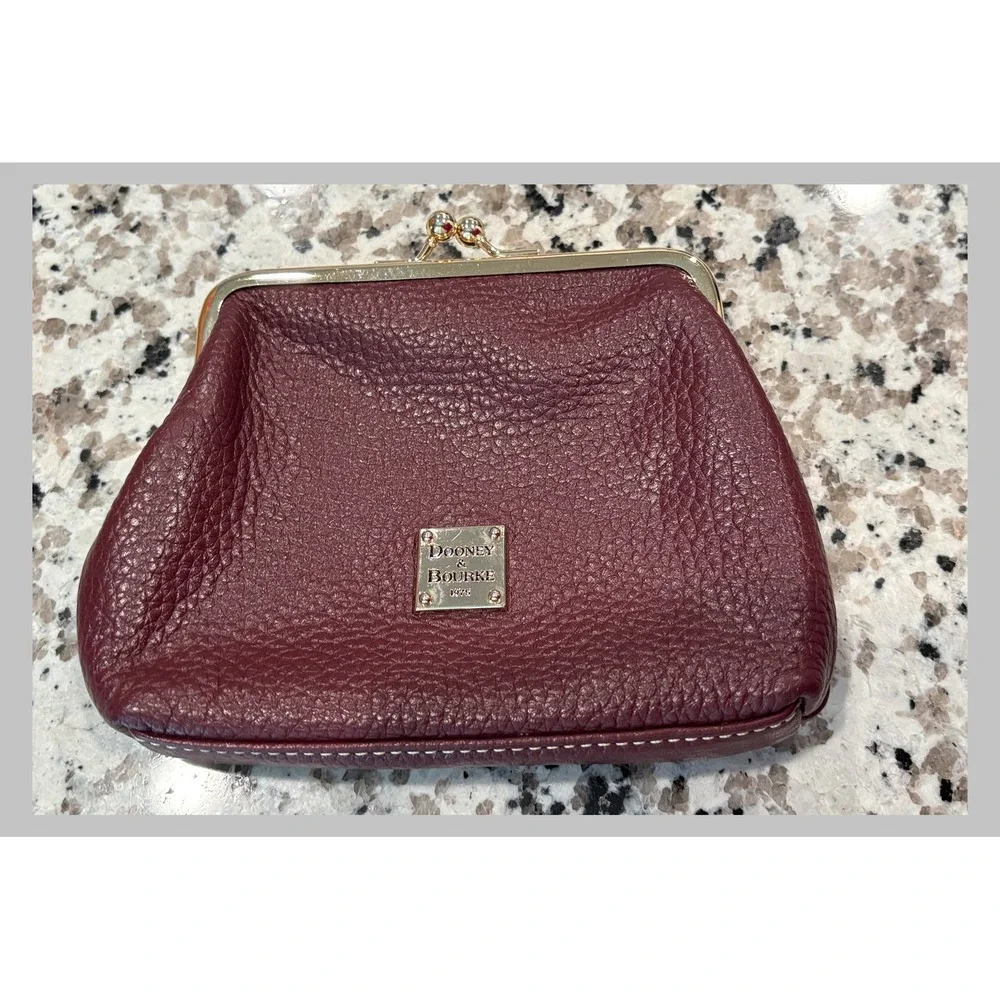 Dooney & Bourke Burgundy Pebble Grain Leather Kiss Lock Coin Purse Card Case